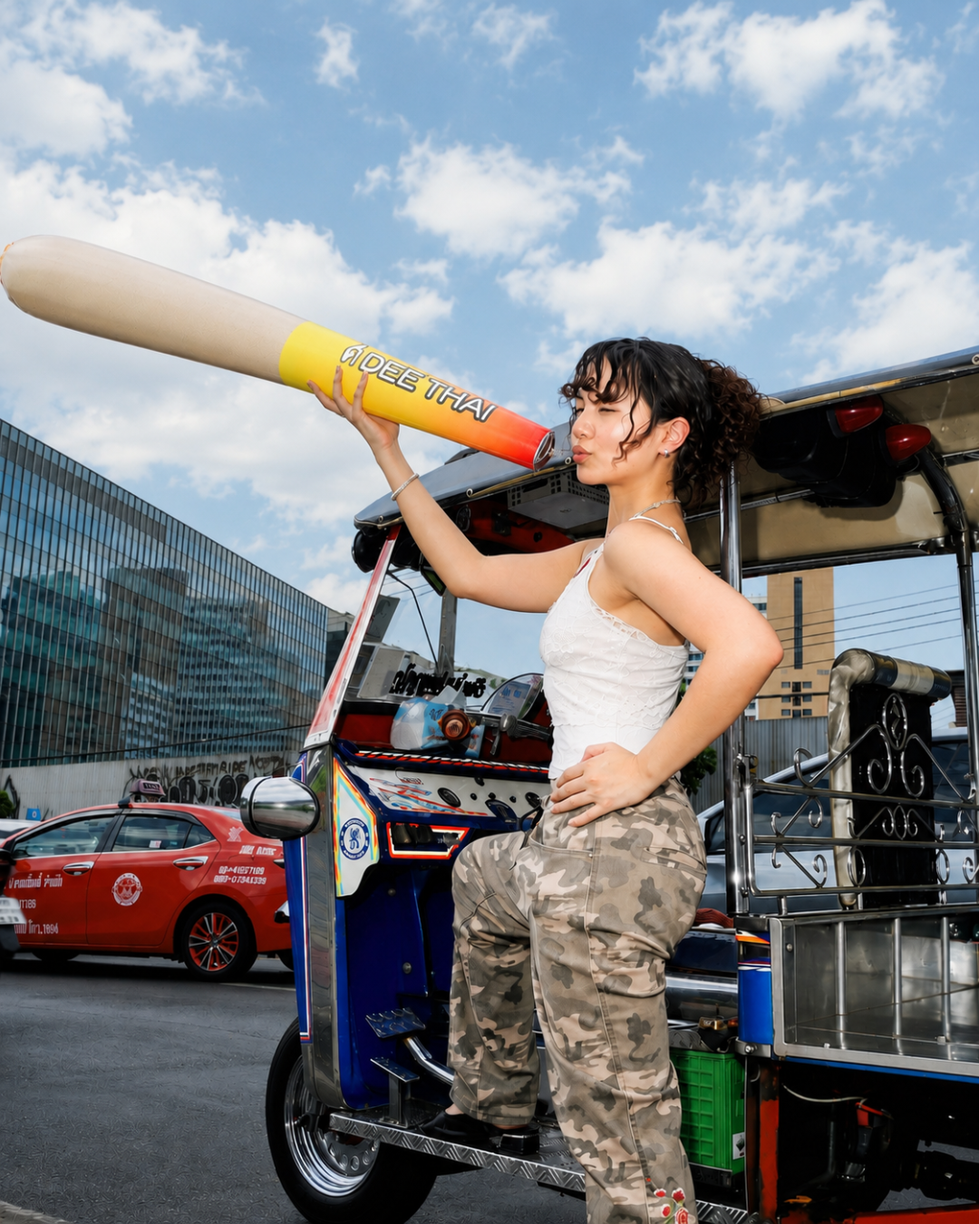 Woman holding a Dee Thai branded prop beside a tuk-tuk